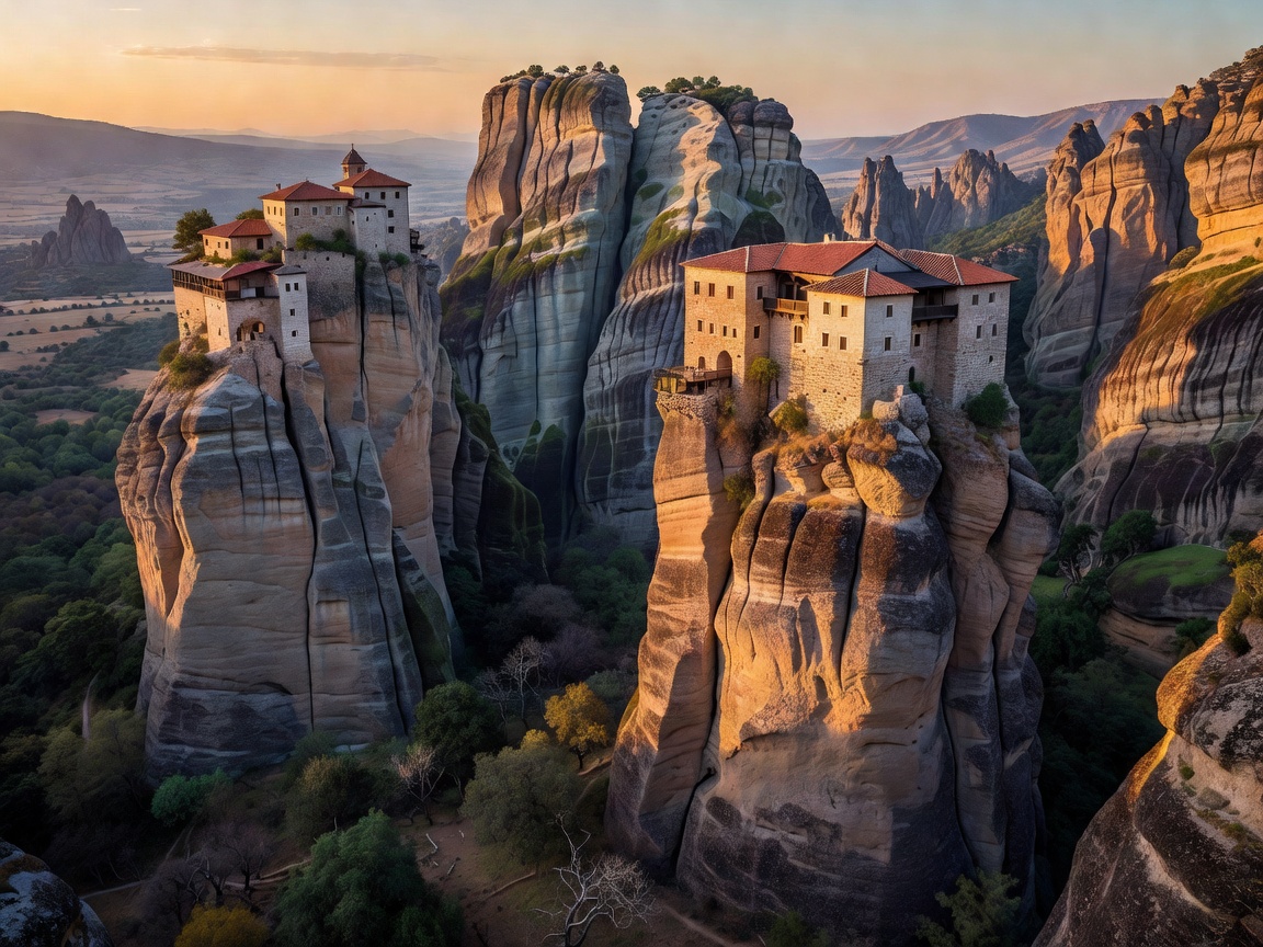 Massive vertical sandstone rock pillars crowned with historic Eastern Orthodox monasteries in Meteora