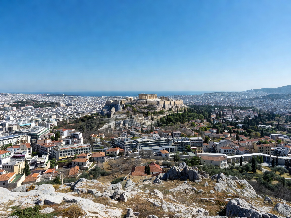 Panoramic view of Athens and the Acropolis from the limestone heights of Mount Lycabettus