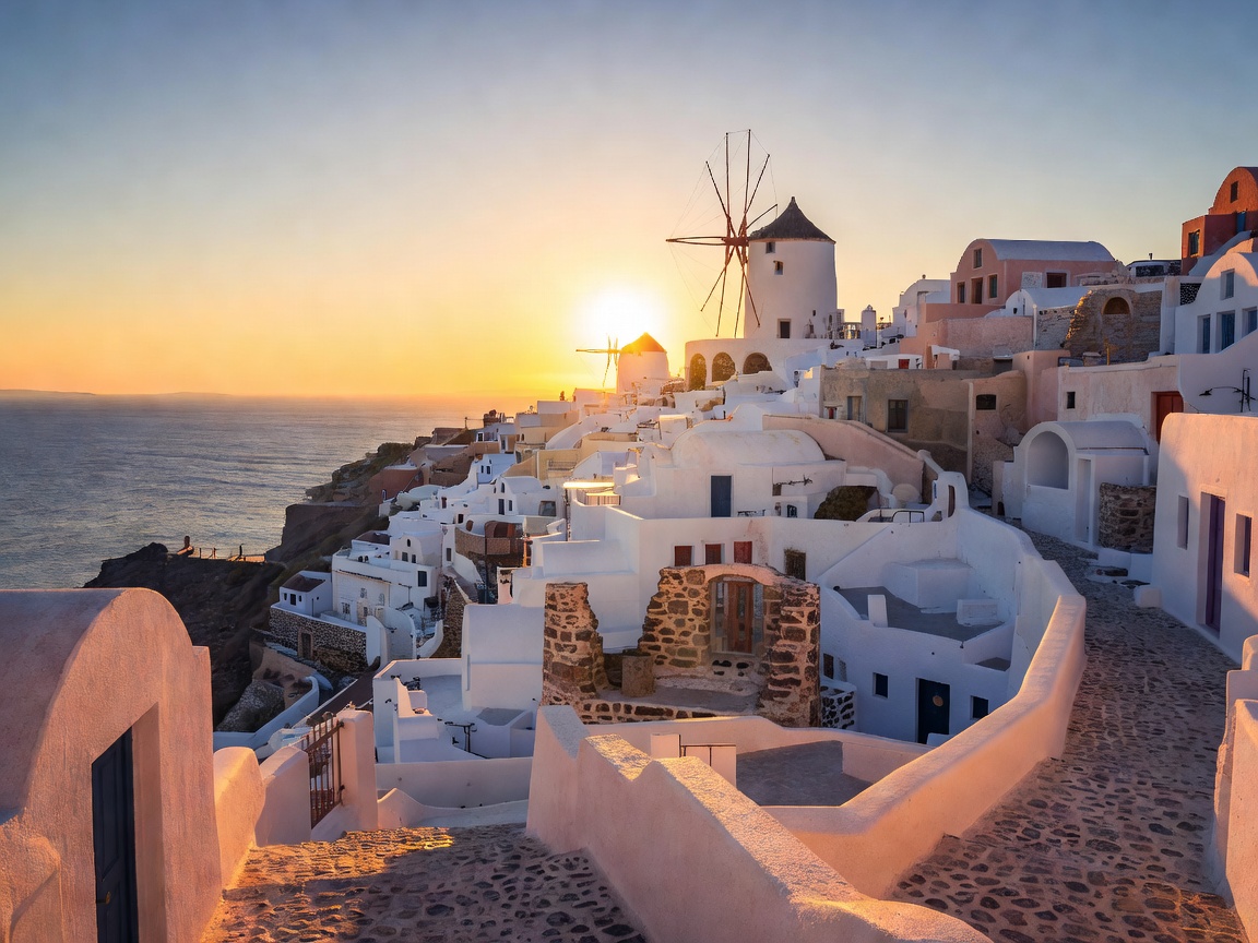 Sun descending behind whitewashed Aegean buildings and windmill ruins at Oia Castle