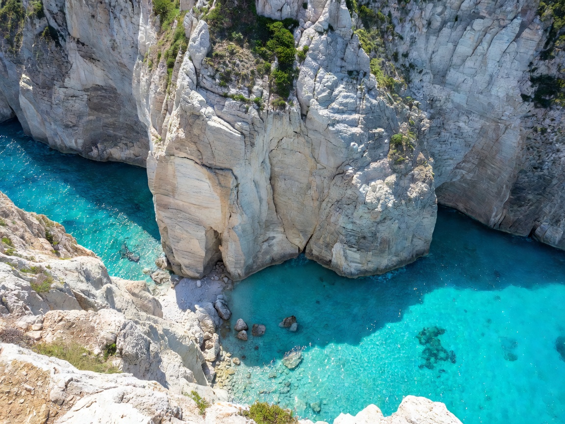 Vertical white limestone cliff ledge looking straight down to turquoise cove waters in Zakynthos